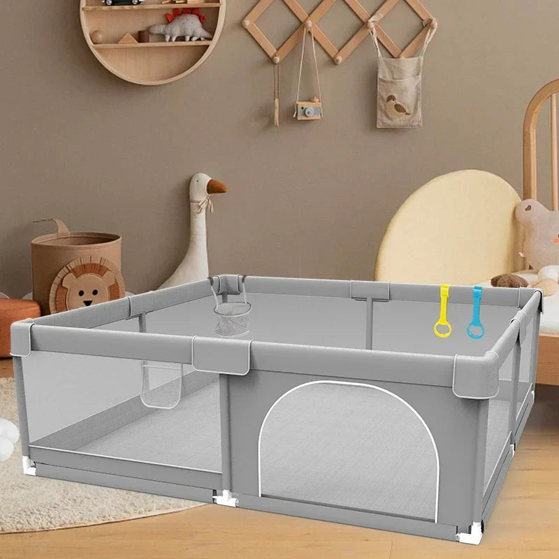 Light Gray Baby Playpen with Pull Ring - Play Yard & Ball Pit Safety Fence for Toddlers