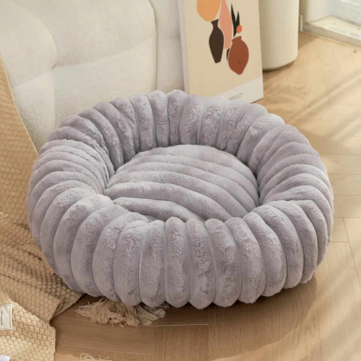Large Round Pet Bed – Washable Faux Fur Dog & Cat Sofa, All-Season Cozy Plush