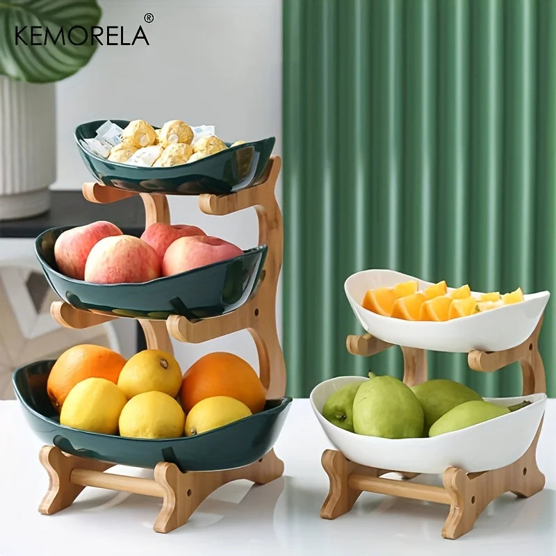 2/3-Tier Wooden Fruit Stand - Modern Snack & Candy Tray, Dried Fruit Basket and Cake Stand