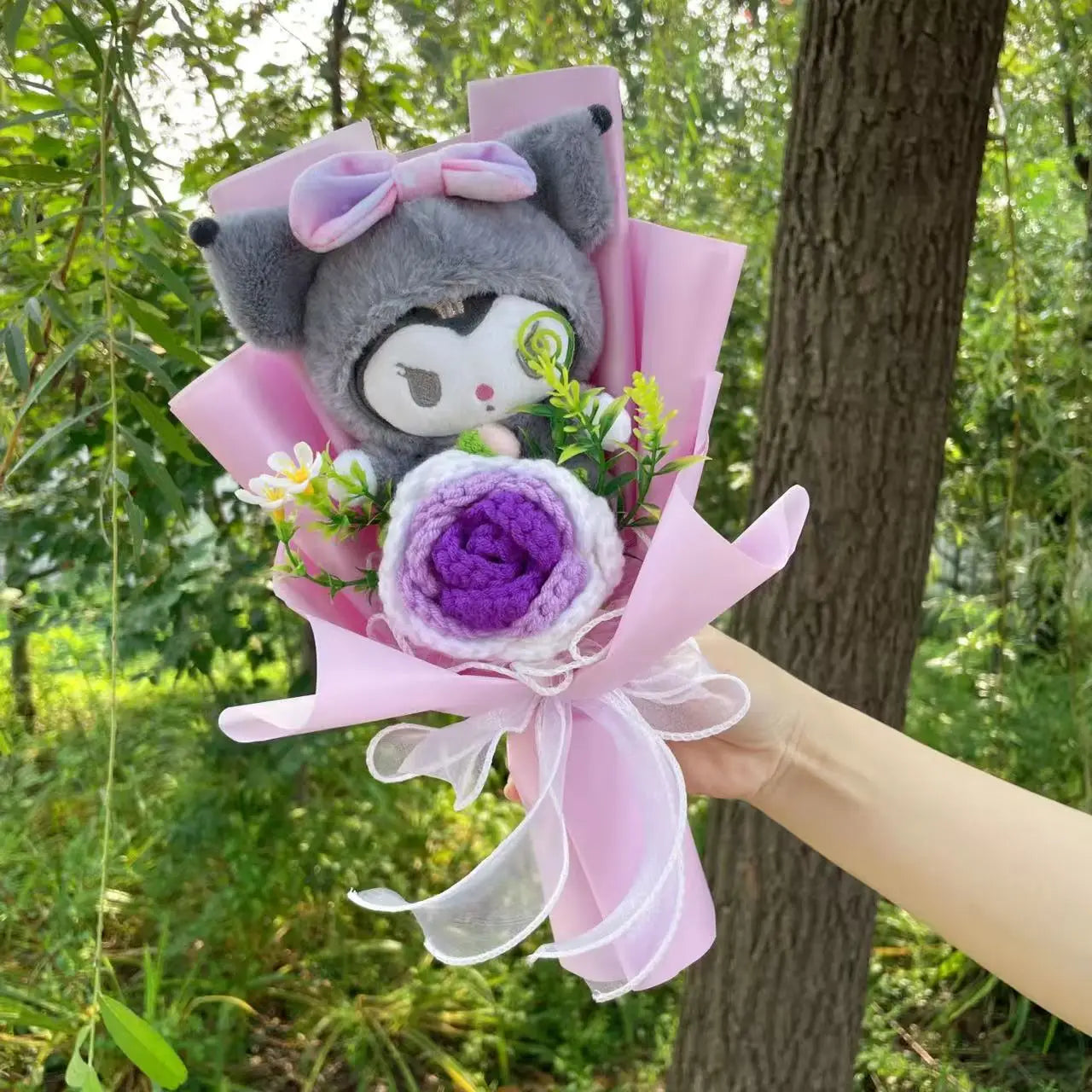 Kawaii Cat Plush Bouquet with Artificial Flowers — Cute Plush Doll Gift for Her, Valentine, Birthday, Graduation