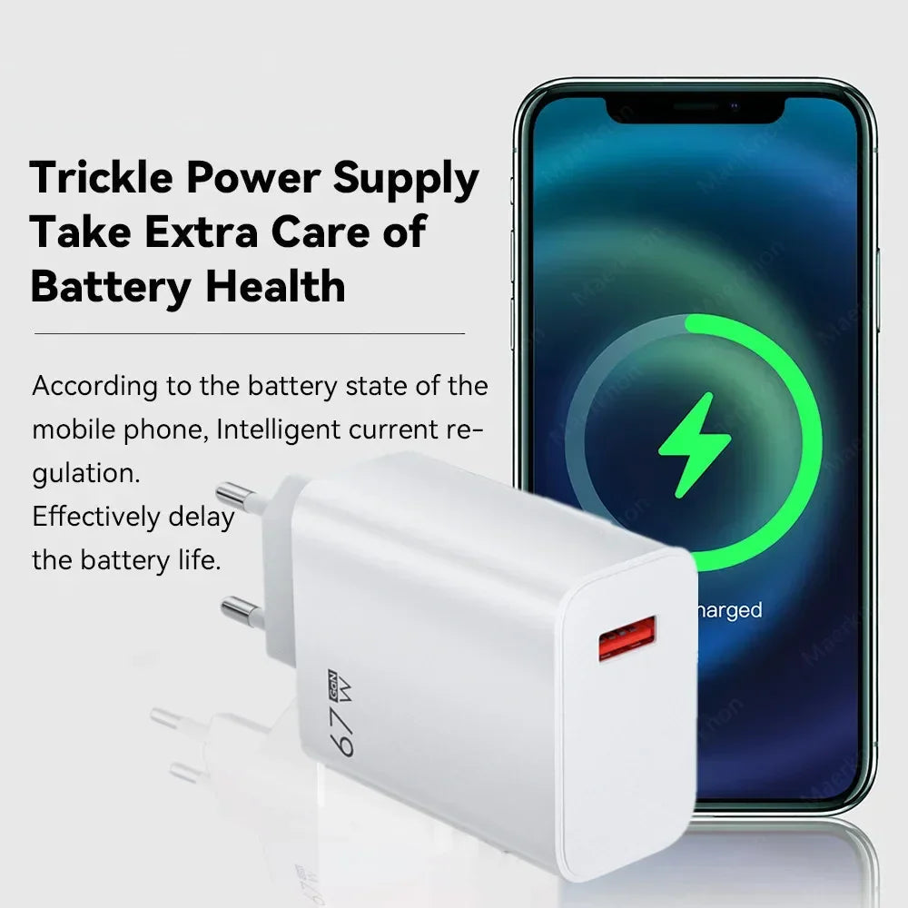 67W GaN USB-C Fast Charger with EU/US/UK Plugs & 10A Type-C Cable, Fast PD Charging for iPhone Samsung Xiaomi Huawei