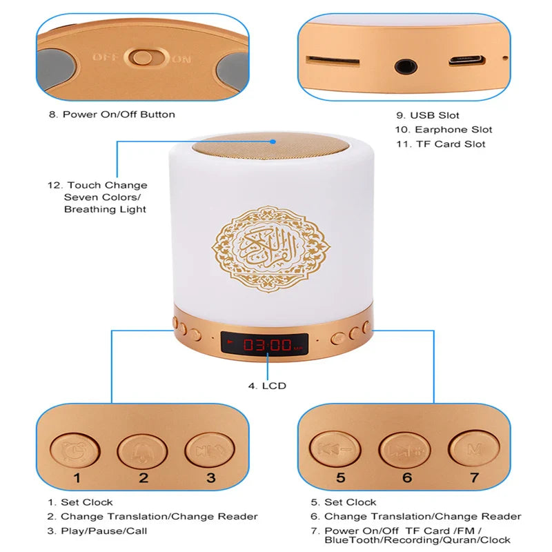 Quran Azan Bluetooth Speaker Portable Night Light — Touch Lamp MP3 Player with Remote & TF Card, 5W