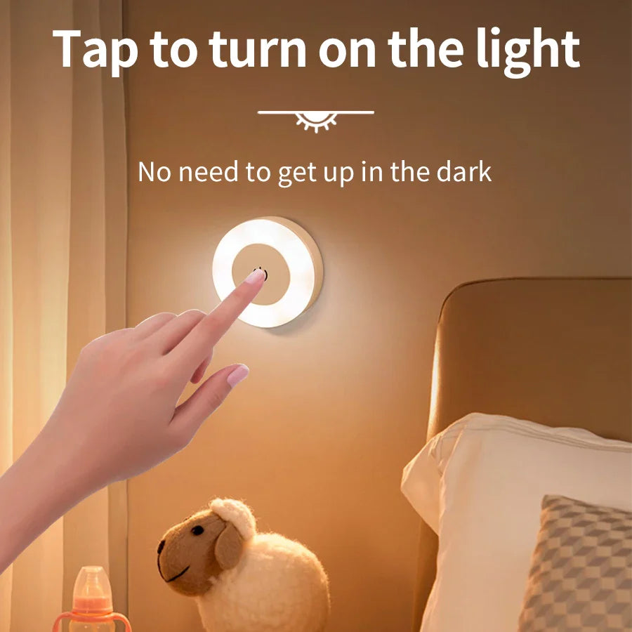 Rechargeable Round LED Touch Wall Lamp - Dimmable Magnetic Night Light for Bedroom, Closet & Reading