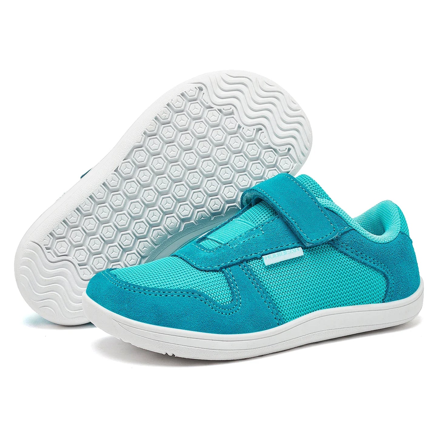 Kids Wide-Toe Barefoot Sneakers — Lightweight Hook & Loop Mesh with Faux Leather Toe