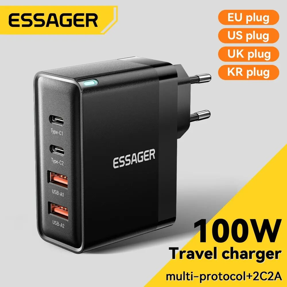 100W GaN 4-Port USB-C PD & QC Fast Charger (2 USB-C, 2 USB-A) — Power Delivery for Laptops, Phones & Tablets