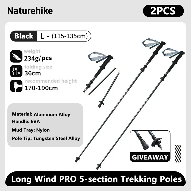 Ultralight Carbon Fiber 5-Section Folding Trekking Poles, Collapsible Quick-Lock Hiking Poles Adjustable 103–120 cm (40.6–47.2 in) or 115–135 cm (45.3–53.2 in)