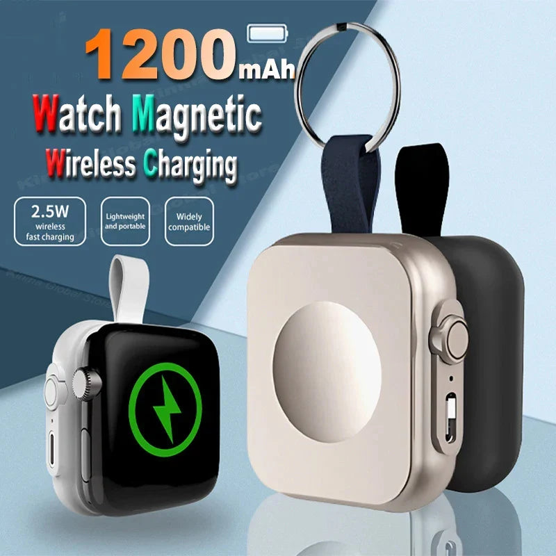 Mini Magnetic Wireless 1200mAh Power Bank for Smartwatches – Portable USB-C Fast Charger with Lightning & Micro USB