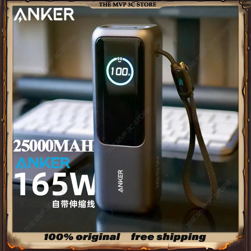 165W 25000mAh Portable Power Bank with Retractable Cables, 100W USB-C Fast Charge, Dual USB Output, Lightweight Metal Charger