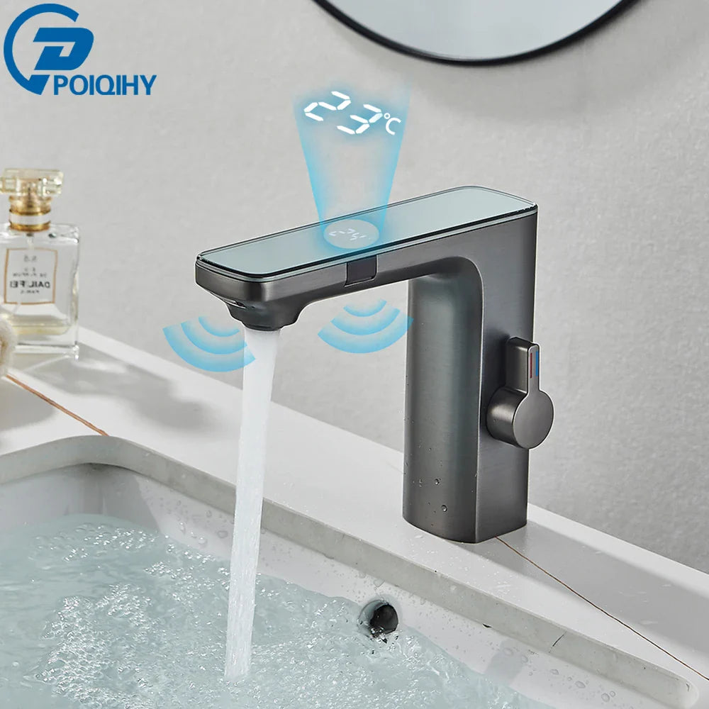 Touchless White Sensor Basin Faucet with Digital Temperature Display – Hot & Cold Mixer Tap for Bathroom Vanity