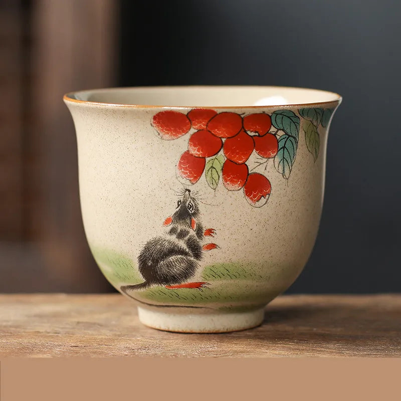 Handmade Zodiac Ceramic Teacup 110ml (3.7 fl oz) Vintage Pottery Tea Bowl for Meditation & Gongfu Tea