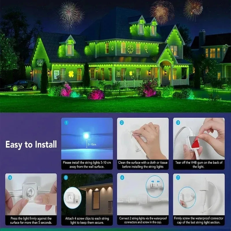 Smart RGBIC Eave String Lights – 15/30/60m (49/98/197ft) IP67 Outdoor LED Strip with App, 24-Key Remote & Voice Control | RGB Holiday & Patio DIY Lighting