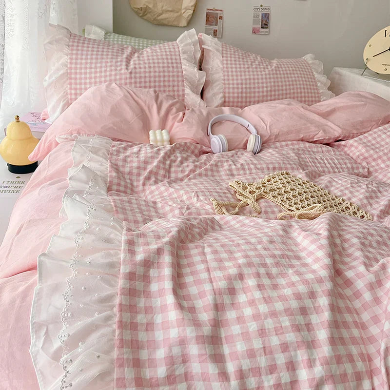 Korean Princess Lattice Double-Layer Lace Duvet Cover Set — Soft Microfiber Plaid Quilt Cover with Flat Sheet & Pillowcases (Single/Full/Queen: 150×200–200×230 cm / 59×79–79×91 in)