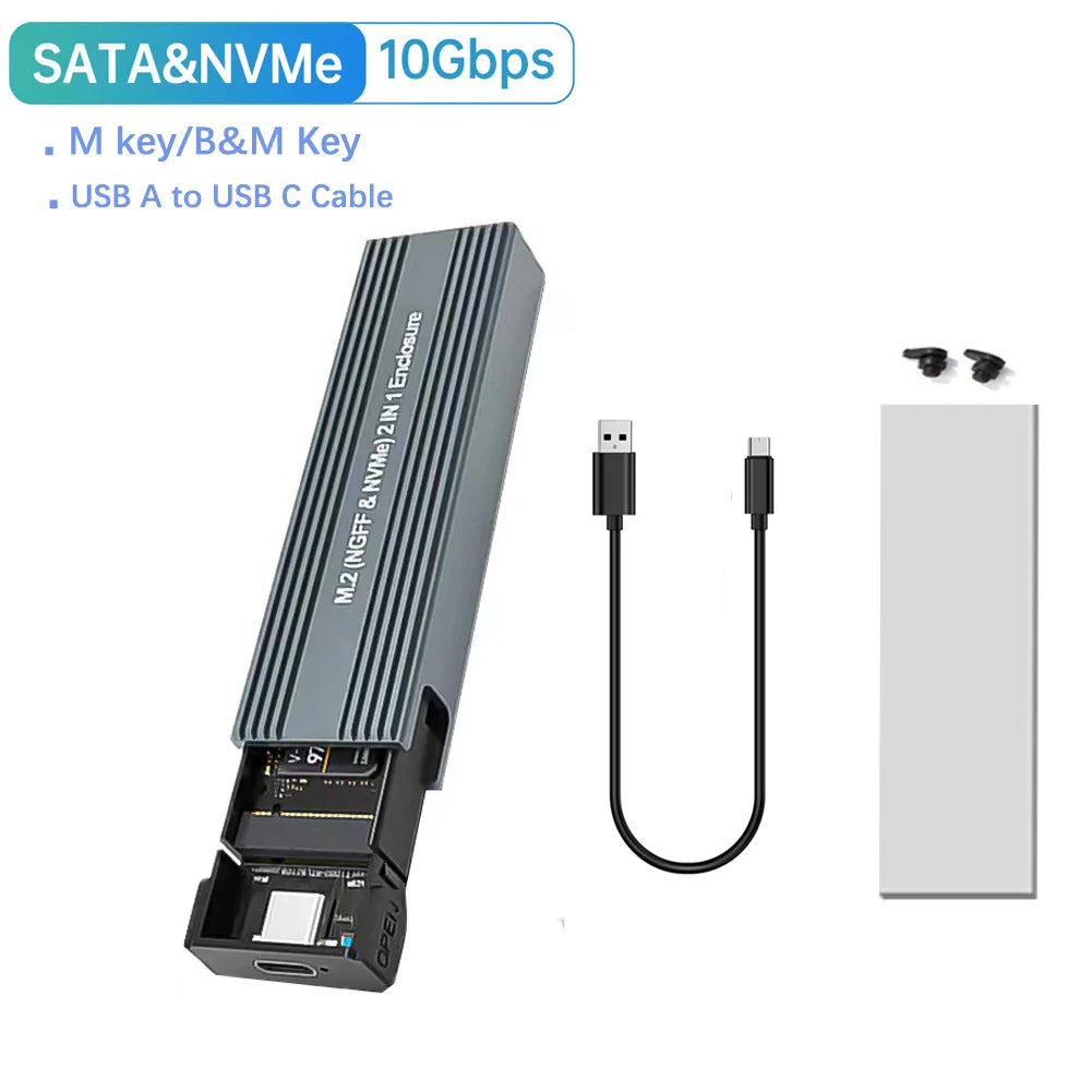 Dual-Protocol M.2 NVMe/SATA SSD Enclosure – USB 3.1 Gen2 10Gbps, Supports 2230/2242/2260/2280 (Type-C to C/A)