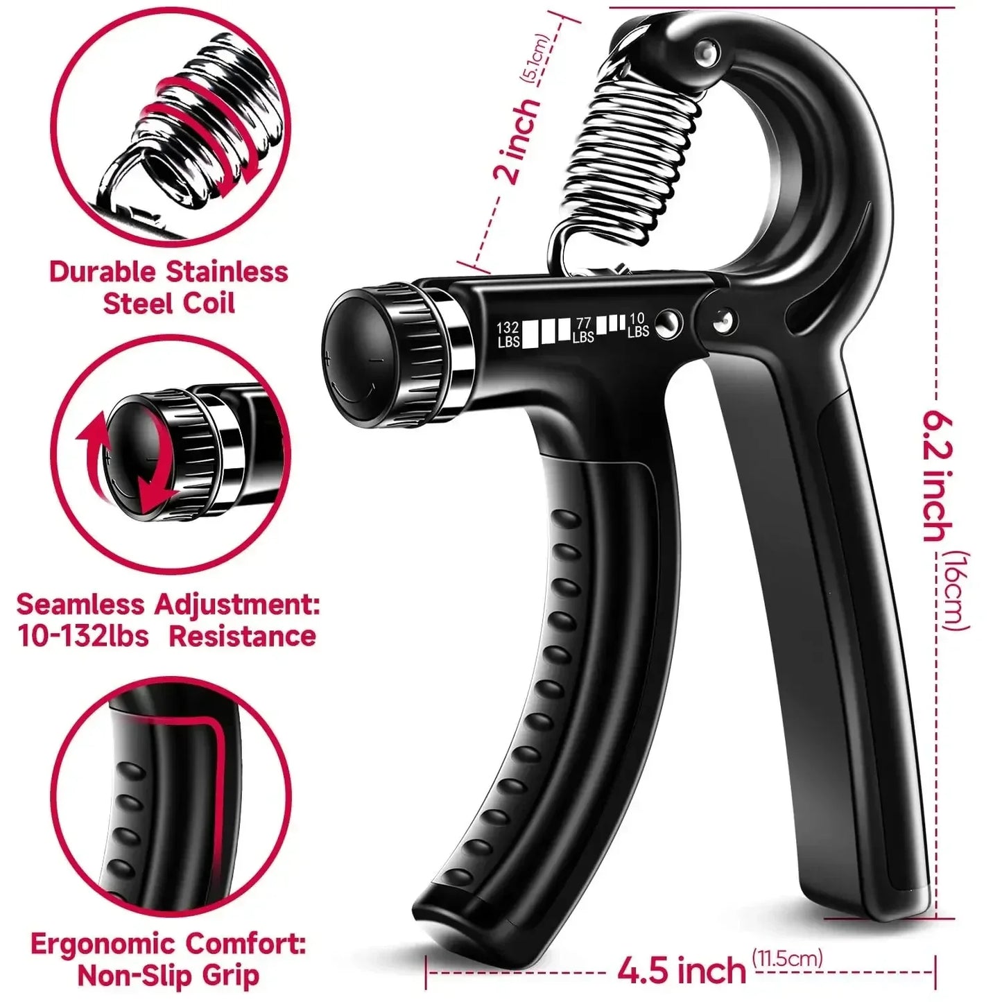Adjustable Hand Gripper 5–60 kg (11–132 lb) - Hand Strengthener & Finger Exerciser Wrist Trainer