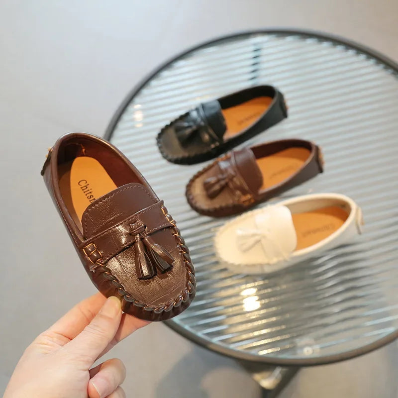 Kids Moccasin Loafers Slip-On Tassel Non-Slip PU Leather Flats for Boys and Girls (Ages 7-12)