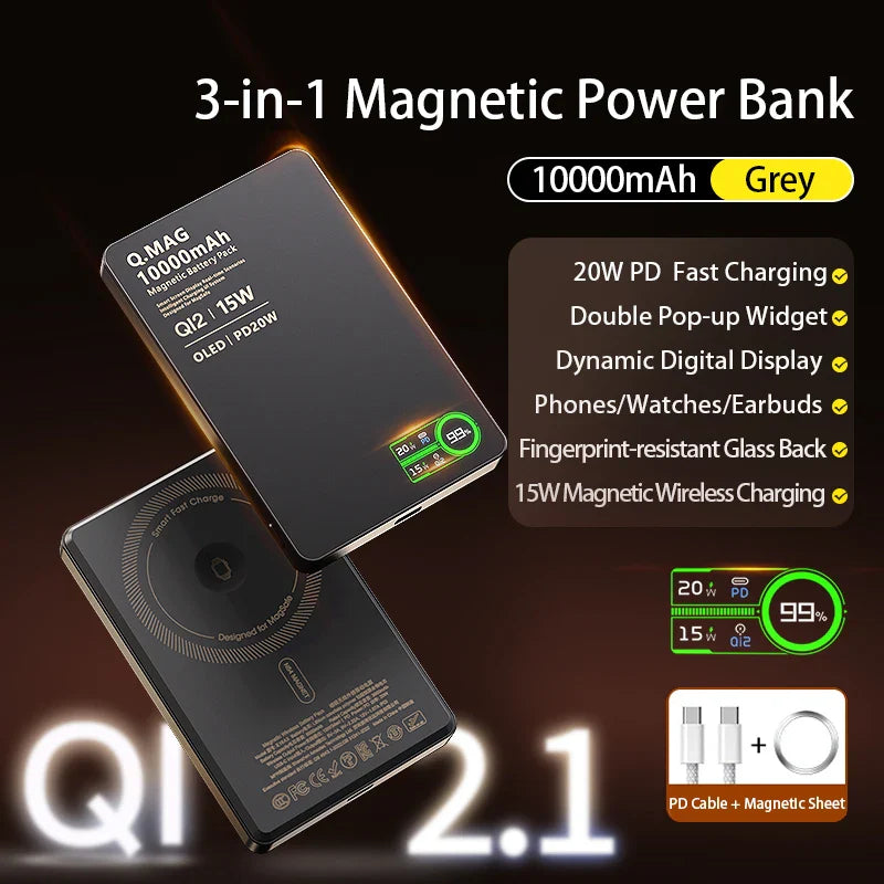 3-in-1 Magnetic Qi 2.1 Wireless Power Bank 10000mAh USB-C 20W PD & 15W Magnetic Charging for Phones, Smartwatch & Earbuds