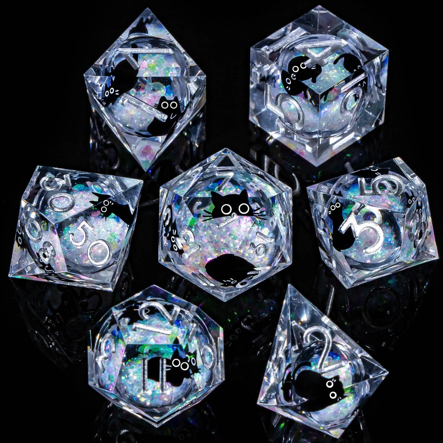 Liquid-Core Cat Resin 7-Piece RPG Dice Set — Sharp-Edge Polyhedral D20 D12 D10 D8 D6 D4 for Dungeons & Dragons & Tabletop
