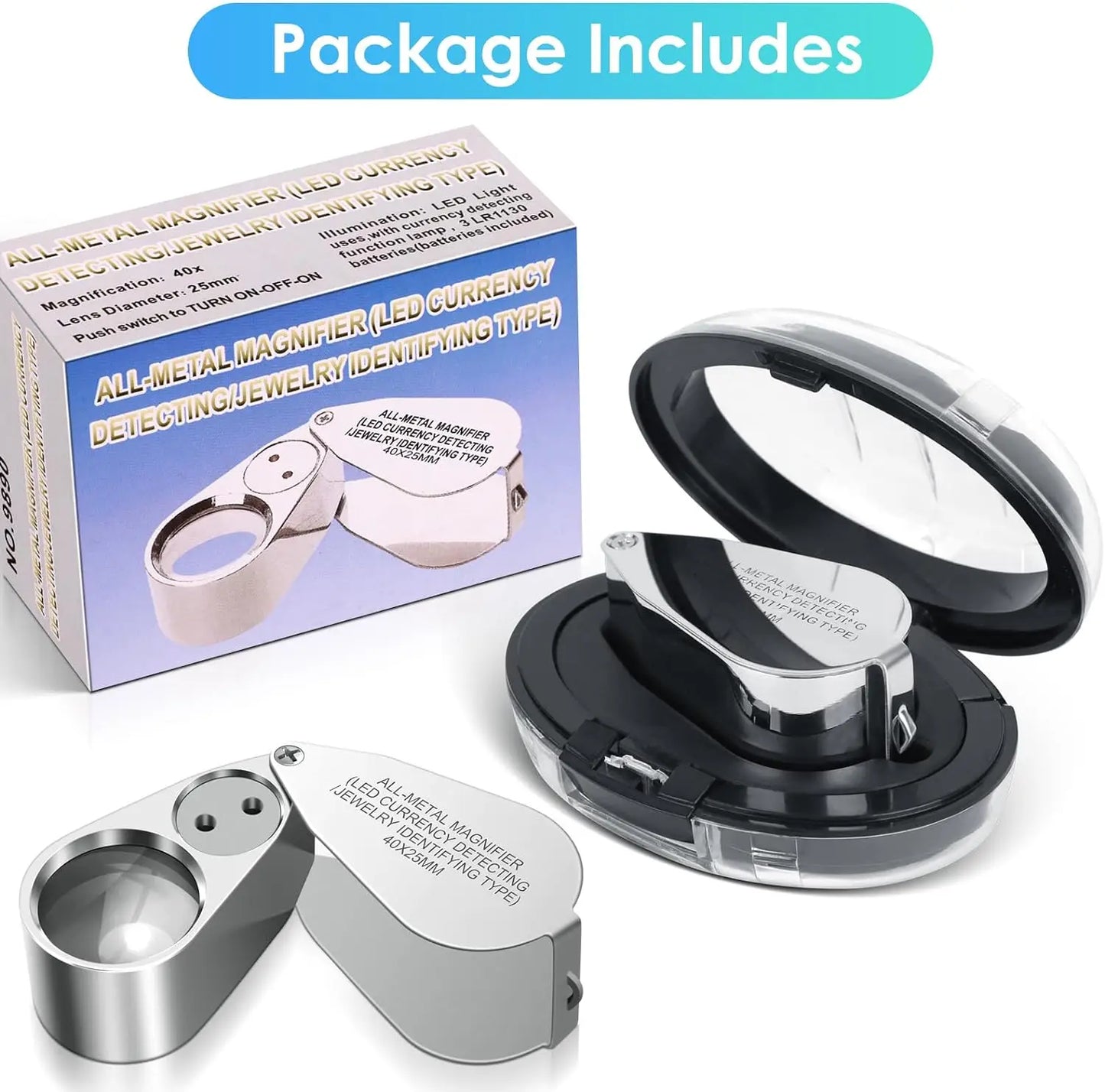 40X Jeweler Loupe Magnifier with LED & UV Light - Foldable Pocket Magnifying Glass for Jewelry Coins Stamps