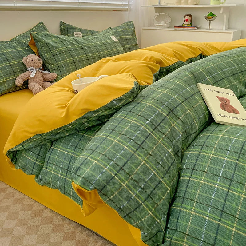 Nordic Plaid Washed Cotton Bedding Set - Duvet Cover + Pillowcases & Flat Sheet - Twin/Full/Queen/King