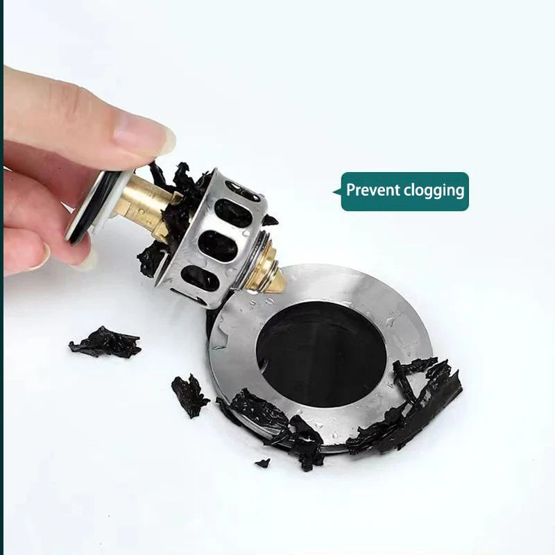 Universal Brass Pop-Up Drain Stopper & Hair Catcher – Metal Basin Strainer Plug for Sink and Bathtub
