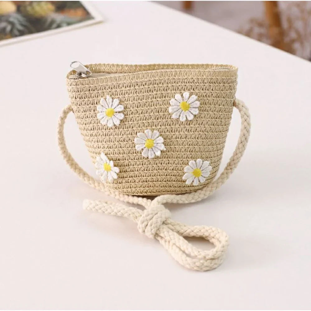 Kids Mini Woven Natural Straw Crossbody Bag for Girls Cute Shoulder Purse