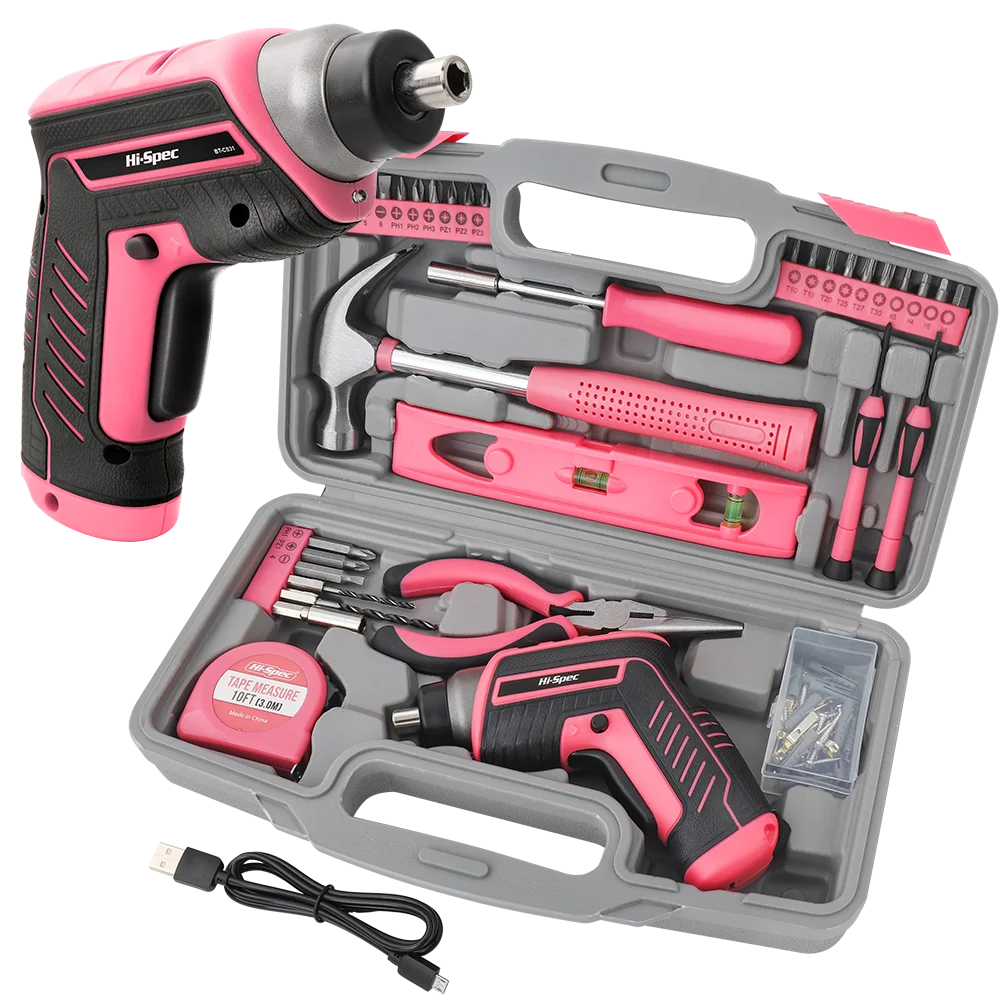 Pink Cordless Electric Screwdriver & Home Repair Tool Kit - Complete Set with Drill Bits, Hammer & Carry Case
