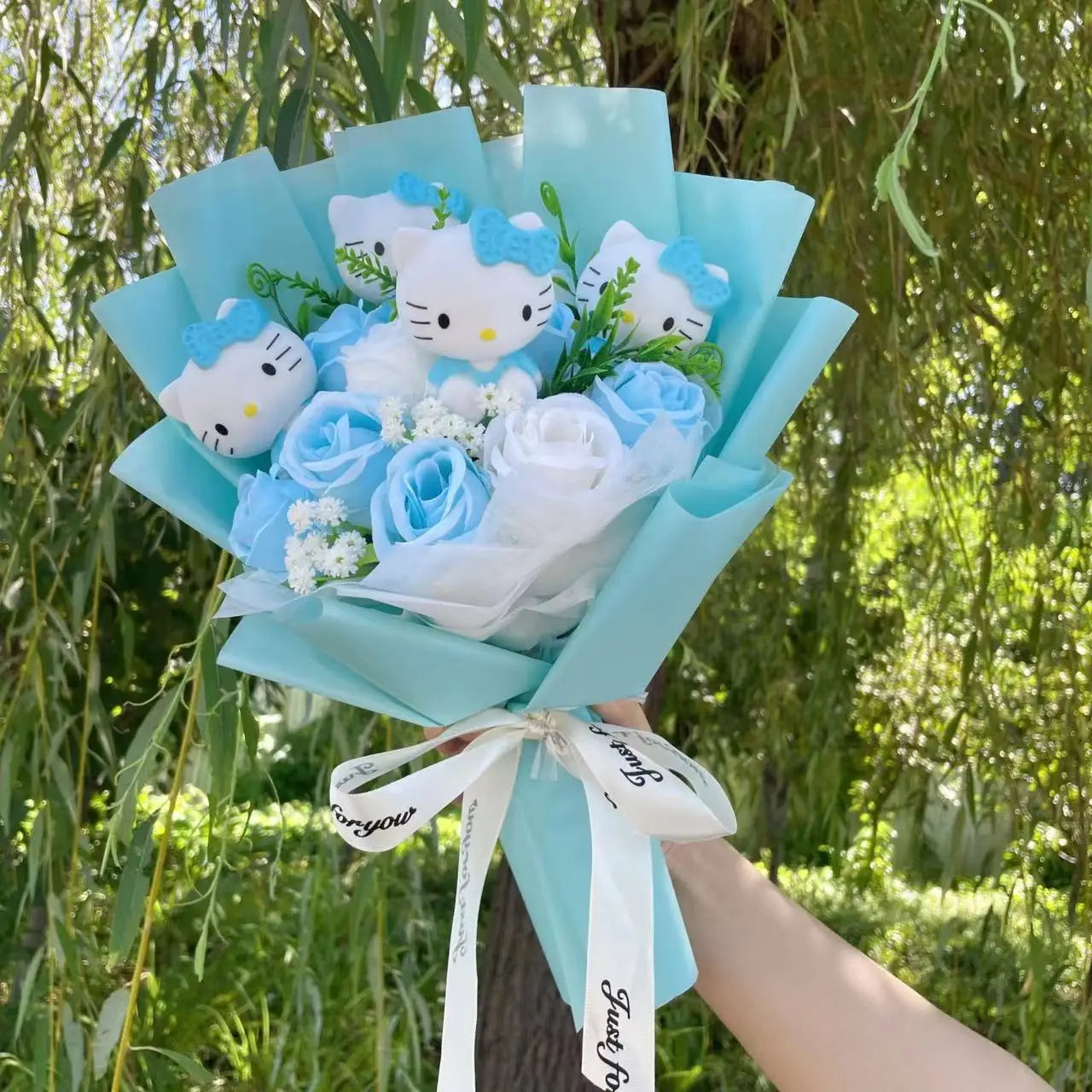 Kawaii Cat Plush Bouquet with Artificial Flowers — Cute Plush Doll Gift for Her, Valentine, Birthday, Graduation