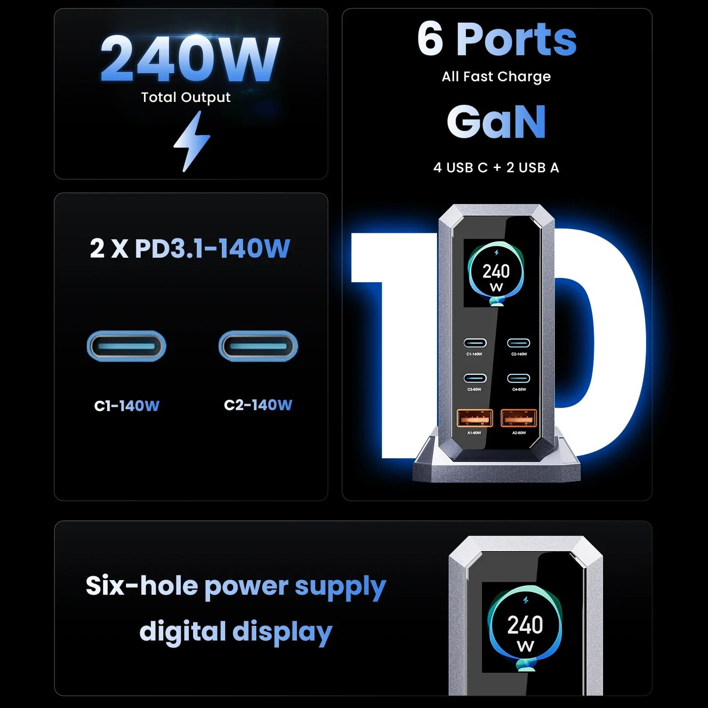 240W GaN 6-Port Fast Charger PD 3.1 - 140W USB-C PD PPS Desktop Charging Station (4 USB-C, 2 USB-A) for Laptops, Phones & Tablets