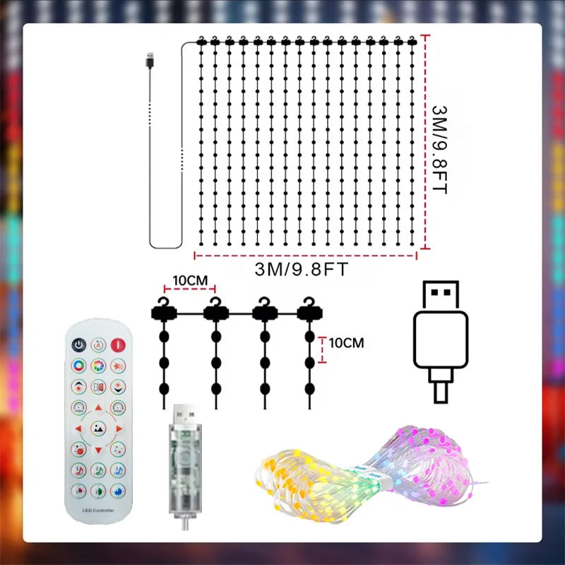 LED RGBIC Smart Curtain String Lights USB Powered App & Remote Control, Music Sync DIY Patterns, IP67 Waterproof — 1.6×1.6 m (5.25×5.25 ft) or 2.4×2.4 m (7.87×7.87 ft) for Bedroom Party Outdoor