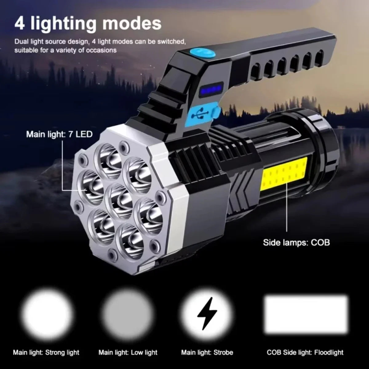 7-LED Rechargeable High-Power Flashlight with COB Side Light – USB Charging, Waterproof for Camping, Fishing & Hiking
