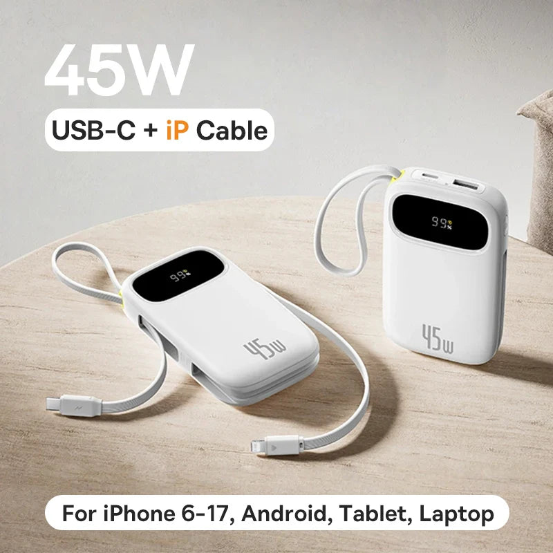 45W Power Bank – 10,000mAh & 20,000mAh Portable Charger with Built-in USB-C + Lightning Cables, USB-A Fast Charge