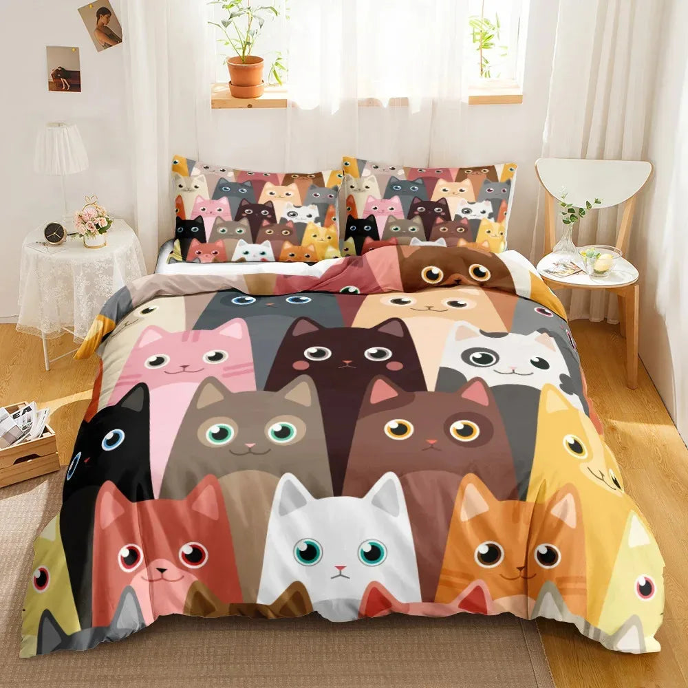 3-Piece Cute Cat Duvet Cover Set - Single-Sided Printed Cartoon Comforter Cover with Pillowcases