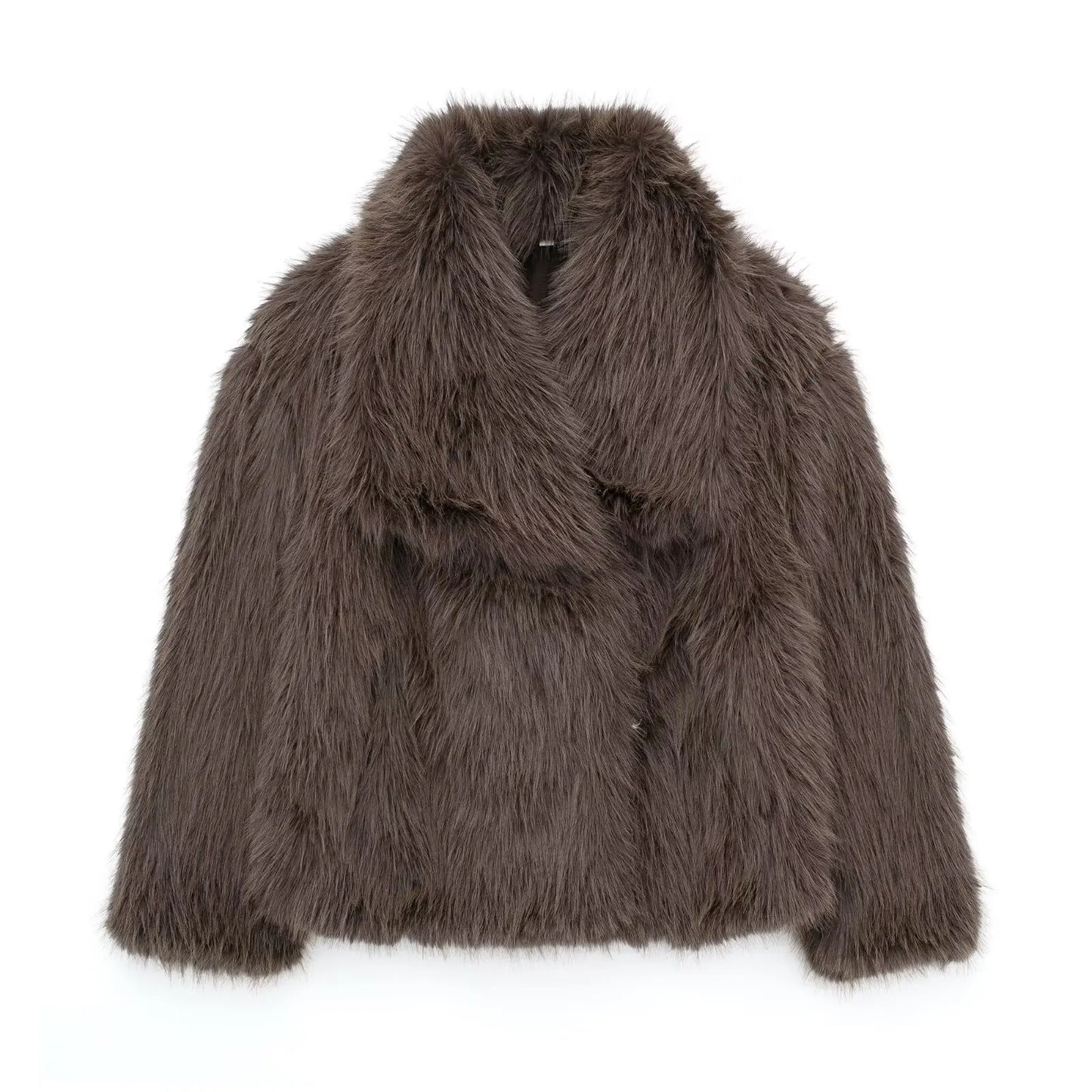 Cropped Faux Fur Jacket for Women – Long Sleeve Snap-Button Lapel Collar Thick Winter Coat
