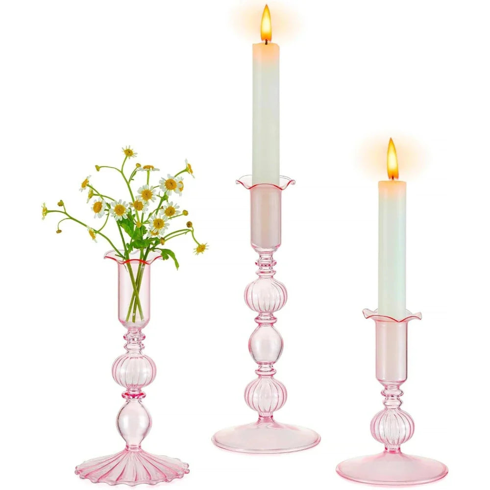 3-Piece Glass Taper Candle Holders and Flower Vases for Wedding Table Centerpiece