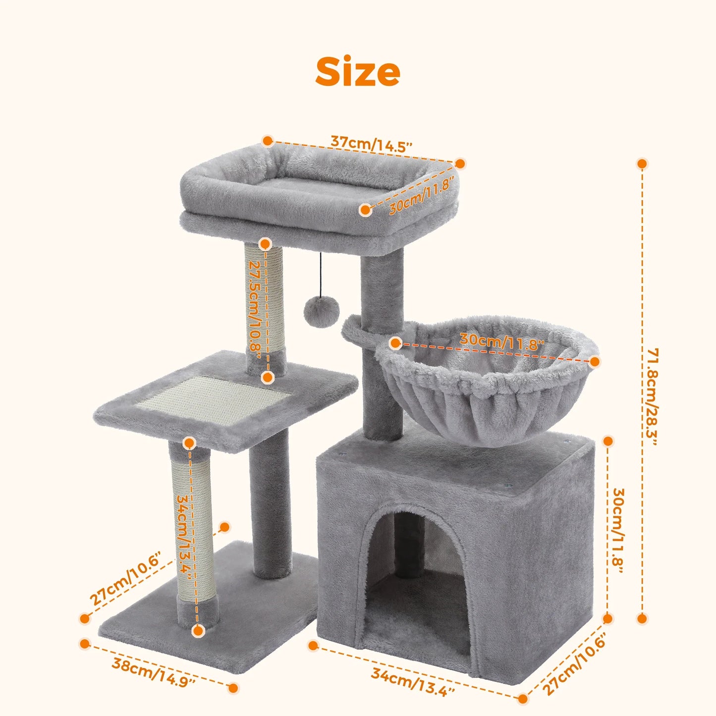 3-Tier Indoor Cat Tree Tower with Sisal Scratching Posts, Large Hammock & Removable Top Perch – Grey
