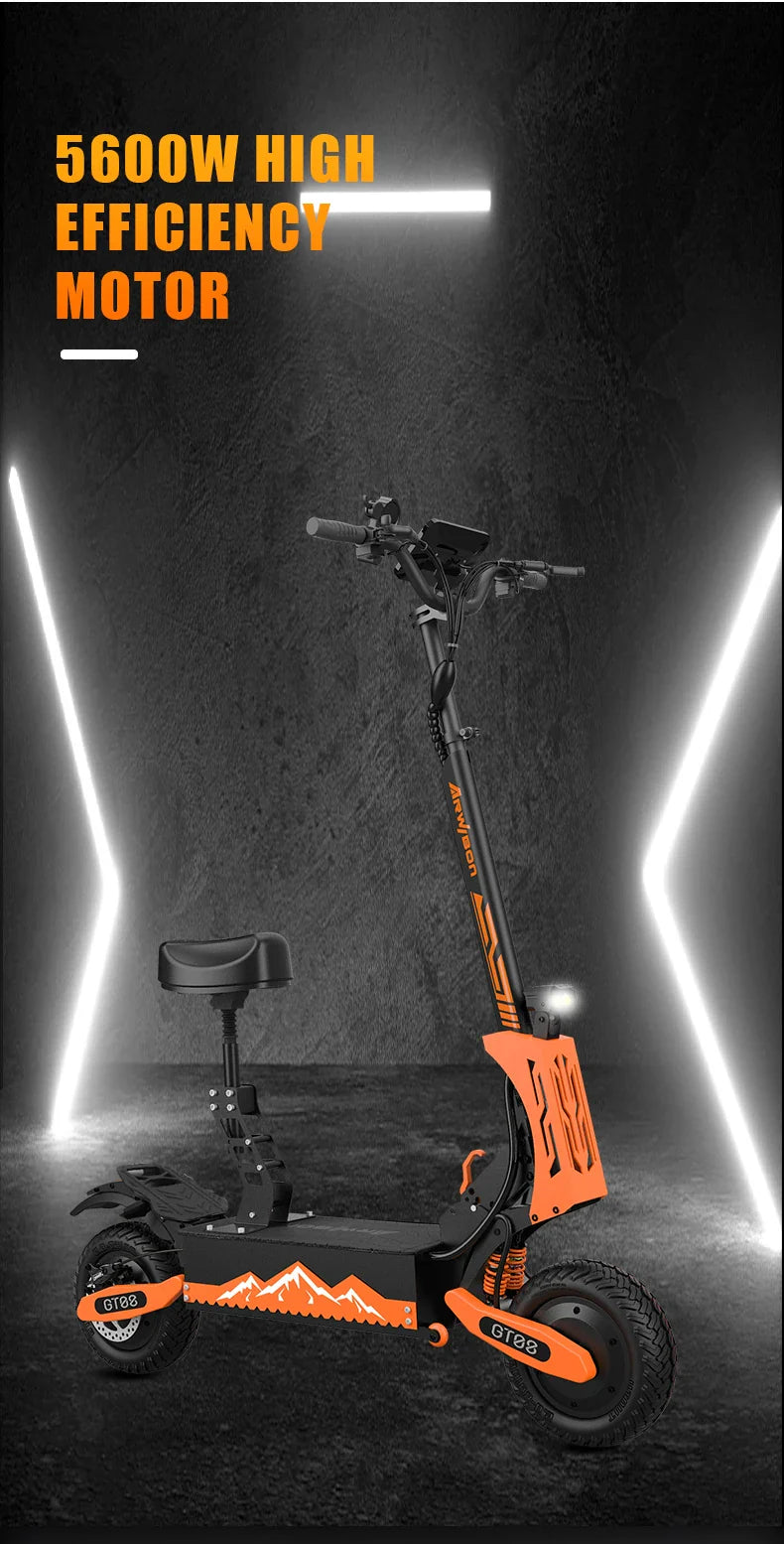 Dual Motor 5600W Adult Electric Scooter — Up to 46 MPH (74 km/h), 60V 27Ah Foldable eScooter with Seat, 11-inch (28 cm) Off-Road Tires