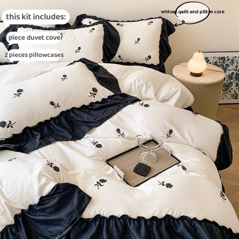 3‑Pc Rose Embroidered Duvet Cover Set with Ruffled Lace Pillowcases — Princess Bedding, Multiple Bed Sizes