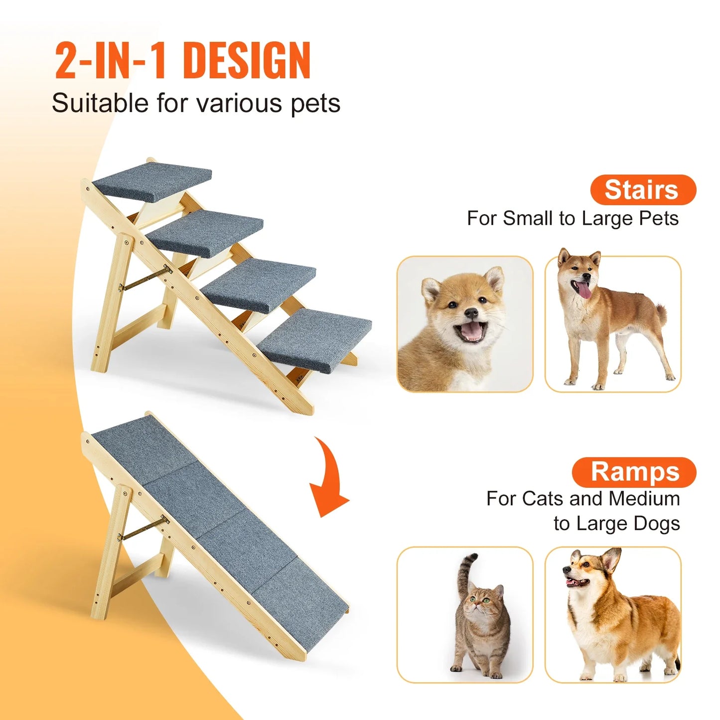 Foldable Wooden Pet Stairs & Ramp 2-in-1 — Pet Steps for Dogs & Cats, 30.9in x 18.5in x 25.5in (78.5 x 47 x 64.8 cm), Supports 150 lb (68 kg)