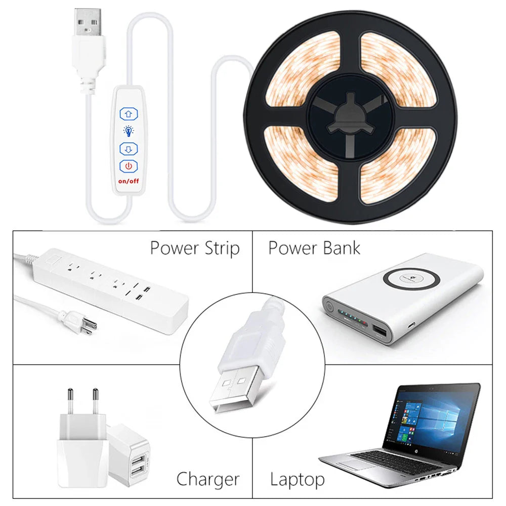 USB 5V COB LED Strip Light, Dimmable, 320 LEDs/m (≈98 LEDs/ft), Self-Adhesive Flexible Ribbon for Kitchen Cabinet Mirror Bedroom