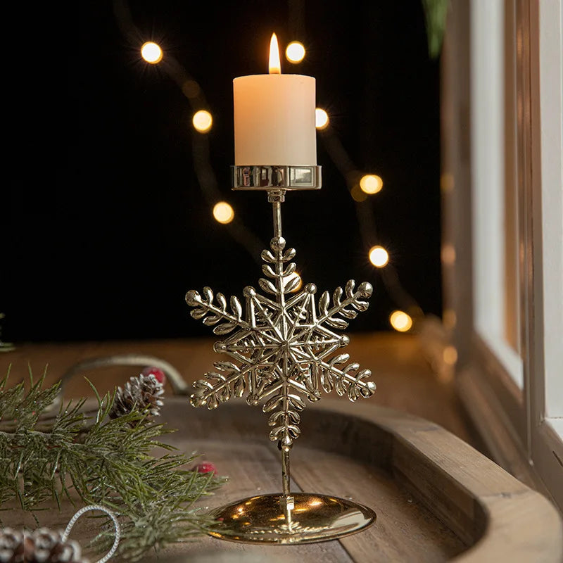 Golden Wrought Iron Christmas Candle Holder - Star, Elk & Tree Holiday Centerpiece for Table Decor