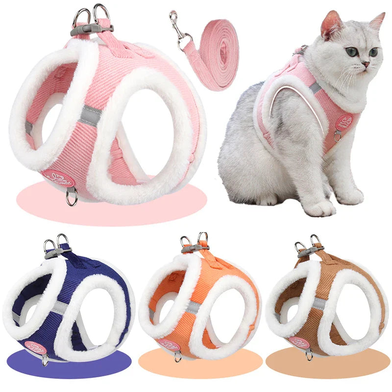 Fur-Lined Winter Dog Harness & Leash Set — Warm Plush Pet Harness for Chihuahua, Yorkie & Small Puppies