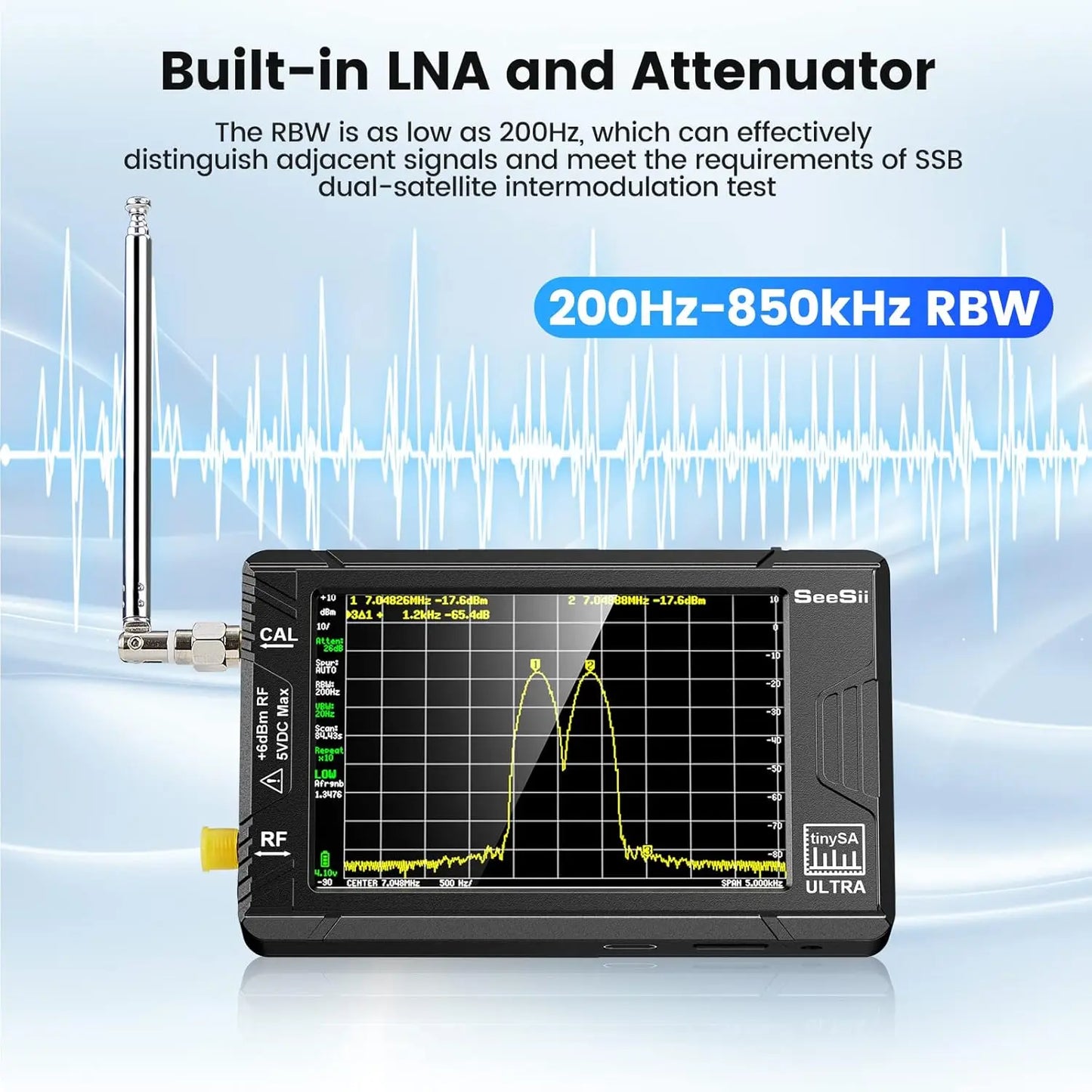 Handheld 4-Inch (10.2 cm) Portable Spectrum Analyzer 100 kHz–5.3 GHz with 32GB microSD — Signal Generator & USB PC Control