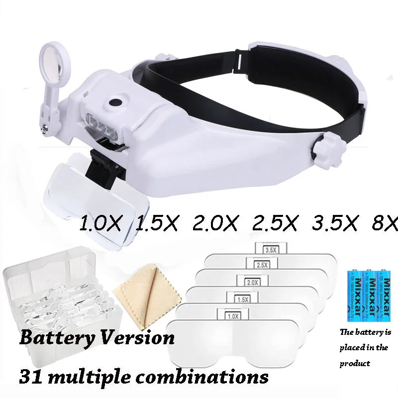 Rechargeable LED Headband Magnifier with Interchangeable Lenses – Adjustable Hands-Free Loupe for Soldering, Jewelry & Crafting