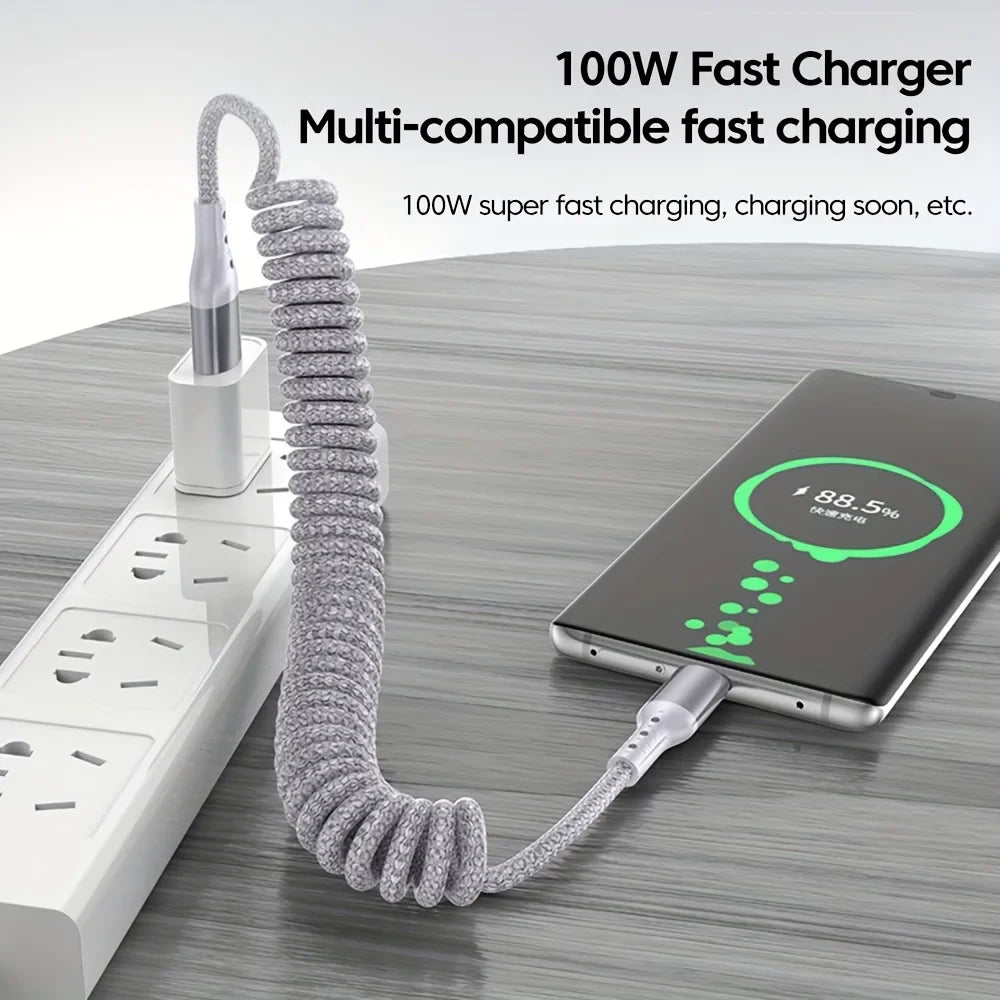100W USB-C Coiled Car Fast Charging Cable – PD 100W Fast Charge & 60W Data Sync, USB 3.1 Type-C