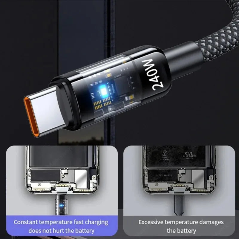 240W USB-C PD Fast Charging Cable with LED Power Display — Nylon Braided USB to USB-C, 0.25/1/1.5/2 m (0.82/3.28/4.92/6.56 ft), Up to 6A Quick Charge