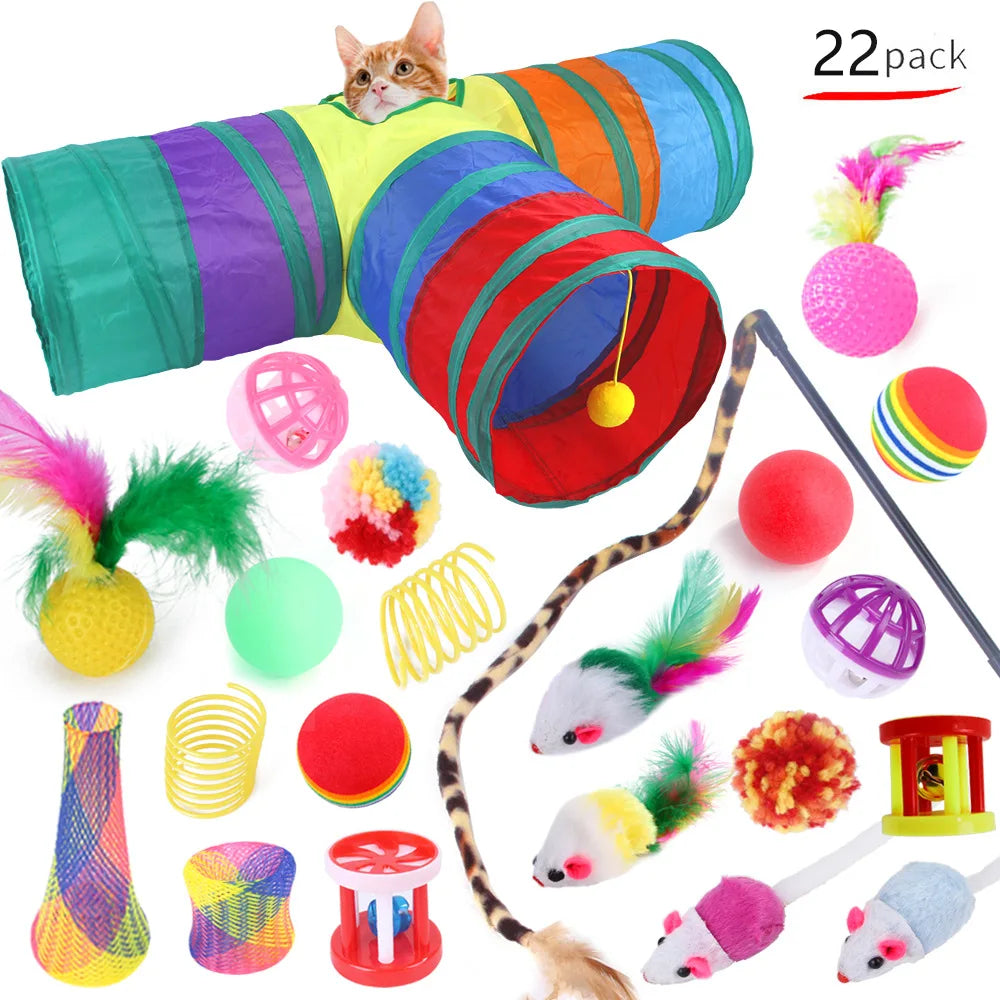 Interactive 11-Piece Cat Toy Variety Set — Feather Wands, Sisal Mice, Bell Balls & Plush Toys