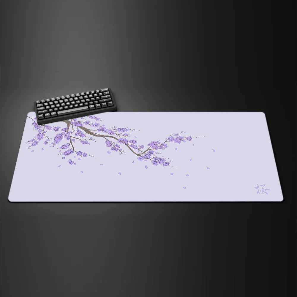 Black Sakura Cherry Blossom Gaming Mouse Pad — Kawaii Purple Large Non-Slip Desk Mat