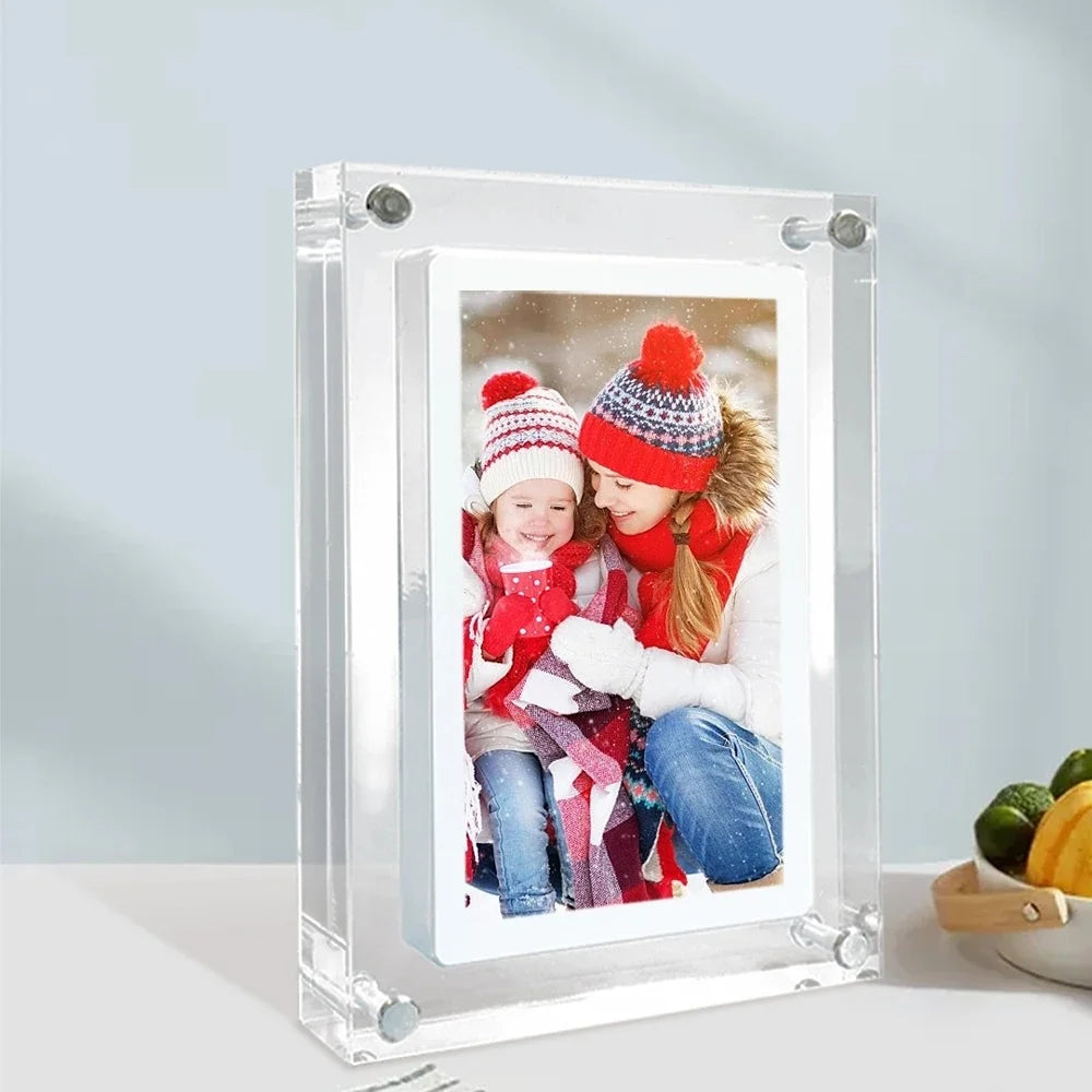 Acrylic Digital Photo Frame 5 in (12.7 cm) / 7 in (17.8 cm) IPS – 1000mAh Rechargeable, Type-C Upload, 2–8GB Memory, Vertical & Horizontal Playback