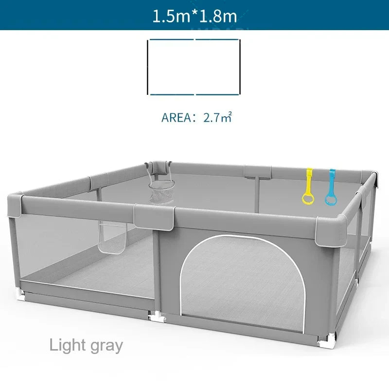 Light Gray Baby Playpen with Pull Ring - Play Yard & Ball Pit Safety Fence for Toddlers