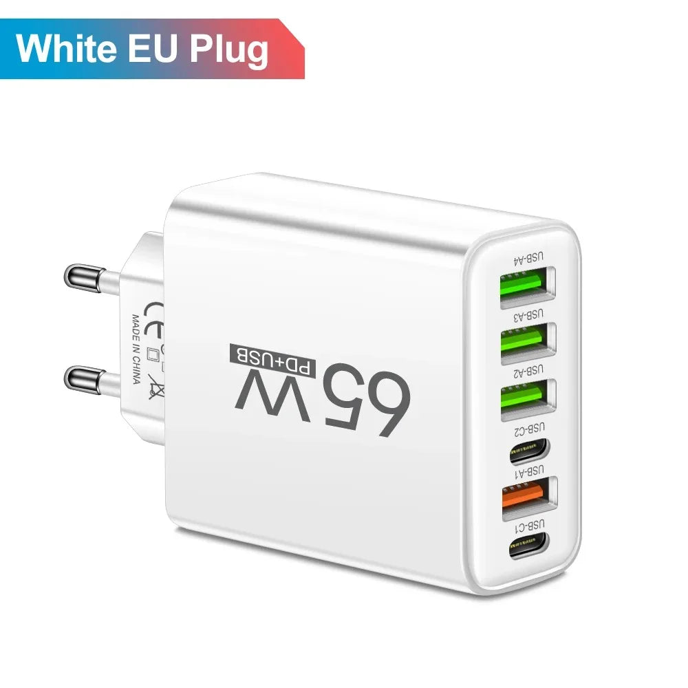 65W 6-Port USB Charger (2x USB-C + 4x USB-A) QC3.0 Fast Charge Travel Wall Adapter for Smartphones